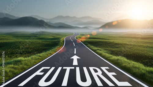 Long winding road leads toward the future in a green landscape with mountains under the morning light
