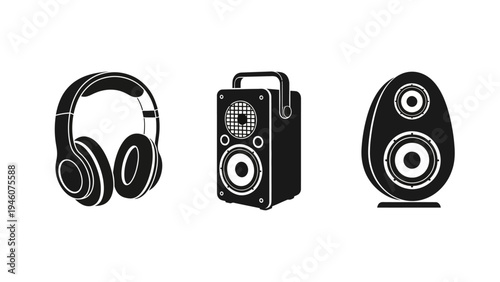 Collection of diverse audio equipment icons featuring headphones a portable speaker and a modern