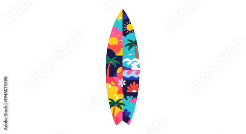 Colorful Tropical Surfboard with Summer Pattern Illustration
