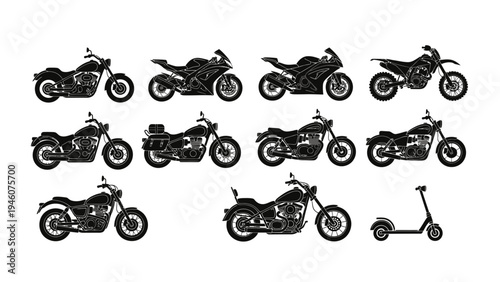 Collection of Diverse Motorcycle Silhouettes and a Scooter Vector Illustration on White Background