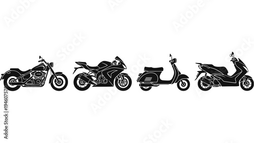 Collection of diverse motorcycle and scooter silhouettes displayed in monochrome on a white