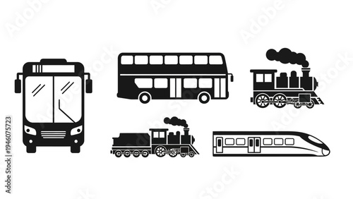 Collection of diverse public transportation vehicles in simple black and white vector icons