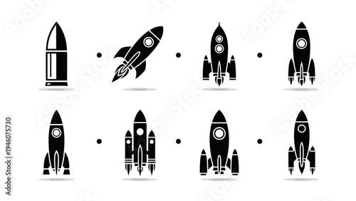 Collection of diverse rocket and bullet icons representing space exploration and technology