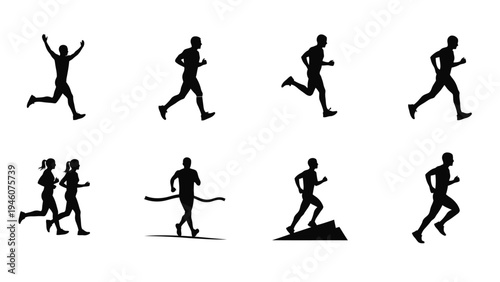 Collection of diverse running silhouettes showcasing athletes in motion during races and training