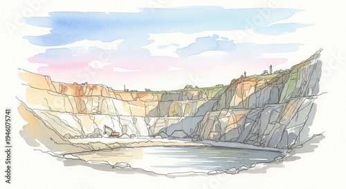 A soft watercolor illustration of an open-pit mine or quarry with a small pond at the bottom under a pastel sky.