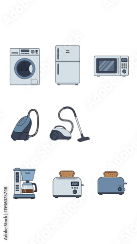 Collection of Modern Household Appliances Icons for Kitchen and Laundry Rooms