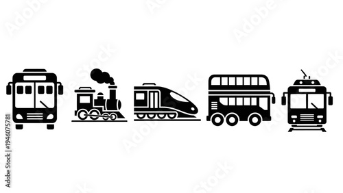 Collection of diverse transportation vehicle icons showcasing buses trains and trams