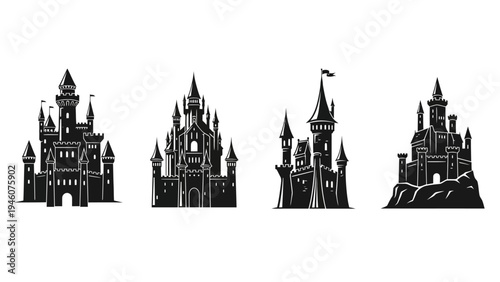 collection of fairytale castles and medieval fortresses in a minimalist black and white silhouette
