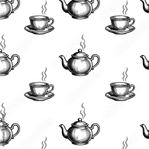 Teapot and teacup seamless pattern etching for vintage tea party concept