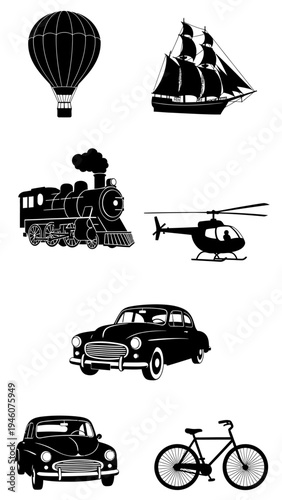 Collection of Silhouette Icons Representing Diverse Modes of Transportation Through Time