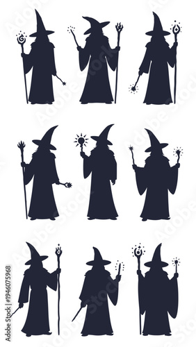 Collection of silhouetted wizards with magic wands and staffs isolated on white background