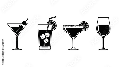 Collection of four black and white iconic cocktail and wine glasses for beverage and bar graphics