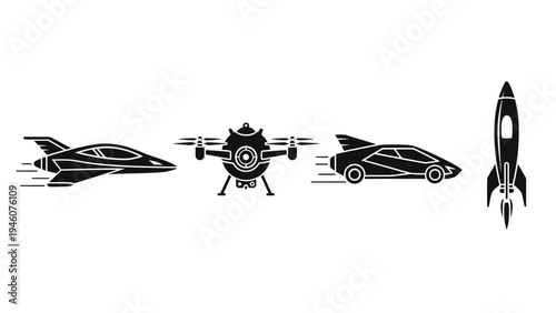 Collection of futuristic transportation icons including a jet car drone and rocket