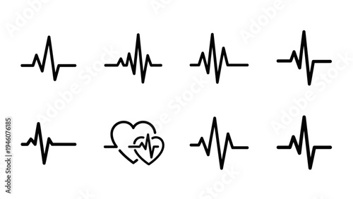 collection of heartbeat electrocardiogram ecg line icons on white background