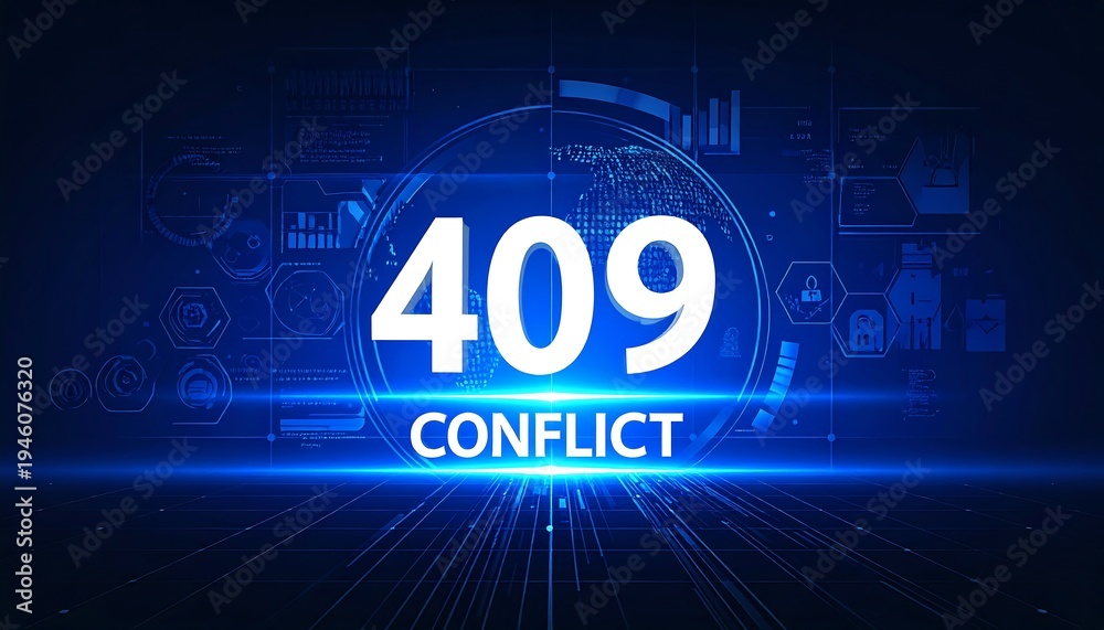 Fototapeta premium Futuristic blue technology dashboard visualizing 409 Conflict HTTP status code within glowing digital network communication interface