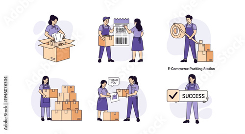 ECommerce Packing Station illustrating six sequential steps in order fulfillment