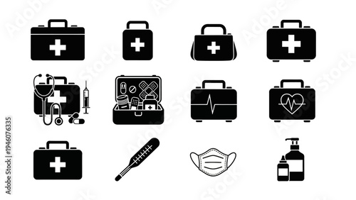 Collection of medical emergency kit icons and health symbols for healthcare and first aid