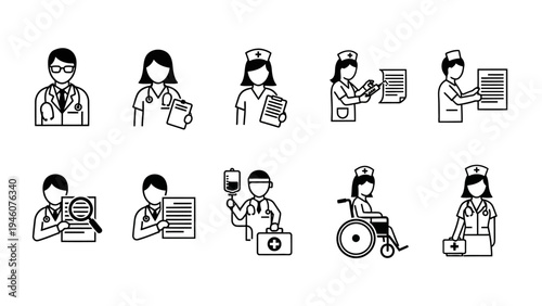 Collection of medical professional icons representing doctors and nurses in various healthcare