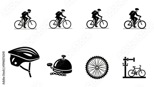 Collection of minimalist black and white cycling icons and graphics representing various aspects