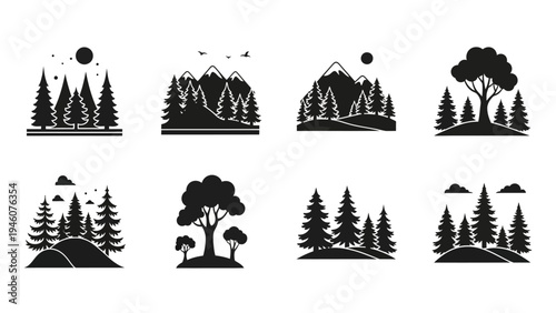 Collection of minimalist black and white landscape icons featuring trees and mountains
