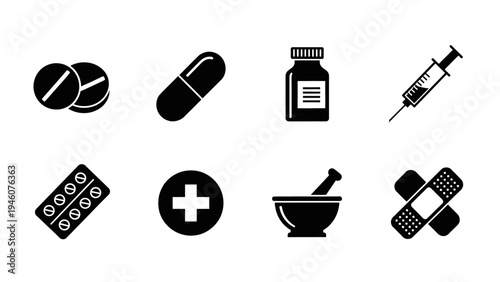 Collection of medical and healthcare related icons in black and white