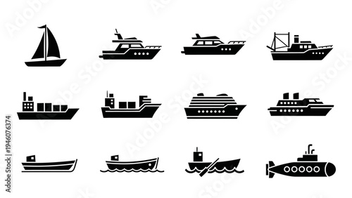 Collection of minimalist black and white icons representing various types of watercraft and