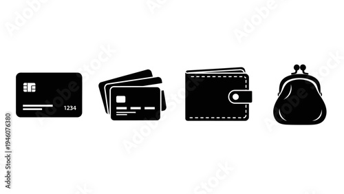 Collection of minimalist black icons representing credit cards, wallets, and a coin purse