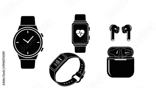 Collection of modern electronic gadgets including smartwatches and wireless earbuds