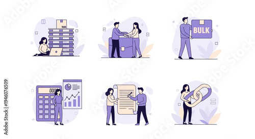 Six flatstyle illustrations depicting business logistics finance and partnership concepts