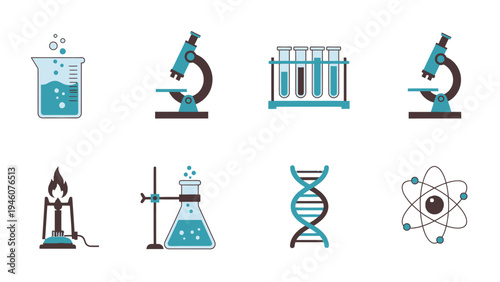 Collection of scientific laboratory equipment and molecular structures in flat design