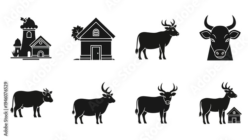 Collection of silhouette icons depicting cows houses and a bull head on a white background