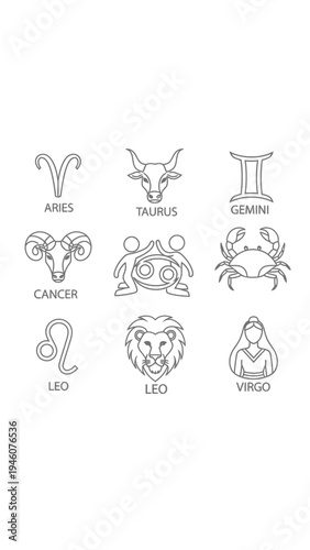 Collection of Zodiac Sign Icons Representing Astrological Symbols and Constellations