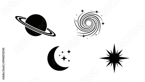 Collection of Silhouette Space Icons Featuring Planet Galaxy Moon and Stars
