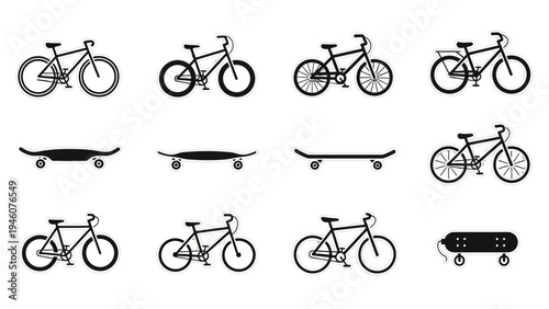 Collection of silhouette style bicycles and skateboards in various designs