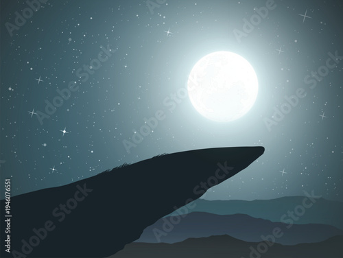 Landscape with large cliff on moonlight night. Full moon in starry sky