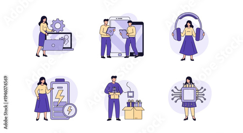 Six iconographic illustrations of people interacting with technology and electronics
