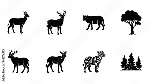 Collection of Silhouette Wildlife and Trees on White Background