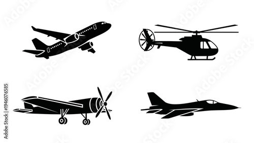 Collection of silhouetted aircraft including airplane helicopter propeller plane and jet fighter