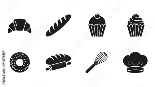 Collection of simple black and white icons representing baked goods and baking tools