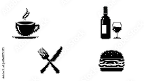 Collection of simple black and white icons representing food and drink for menus or cafes