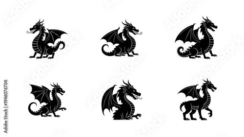 Collection of Six Black Dragon Silhouettes in Different Poses