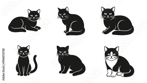 Collection of six stylized black cat illustrations in various poses on a white background