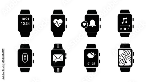 Collection of smart watch icons displaying various features and functions