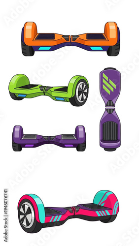 Colorful Self Balancing Scooters Hoverboards Collection Isolated on White Background