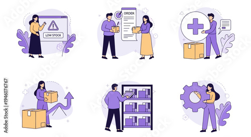 Six illustrations depicting inventory management ordering shipping and process optimization