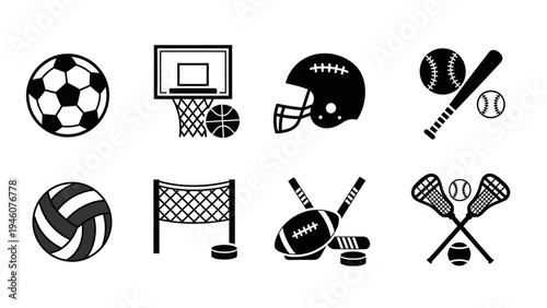 Collection of sports equipment icons representing various athletic activities and games