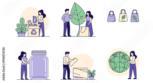 Six illustrations depicting recycling sustainable shopping and environmental care