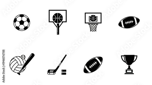 Collection of Sports Icons Featuring Balls Bats Goals and Trophies for Game Enthusiasts
