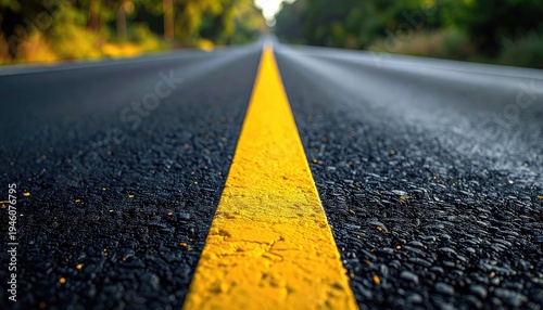 A low-angle perspective showcases a long, straight asphalt road with a vibrant yellow centerline disappearing into a lush, green forest, creating a sense of journey and open space.