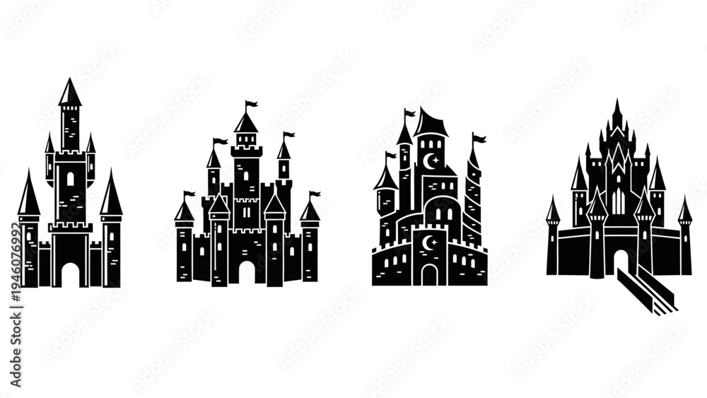 Obraz premium Collection of stylized black and white silhouette illustrations of fairytale castles